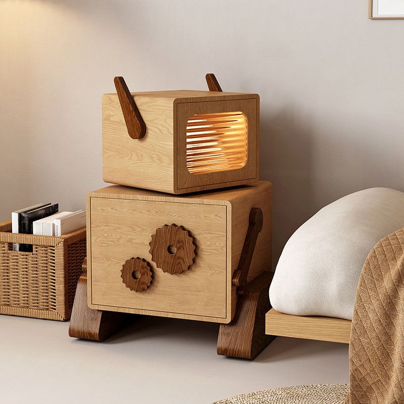 Modern & Contemporary Kids Bedside Table with Cabinet Light Wood Solid Wood