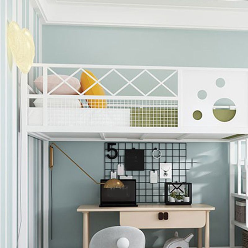 Contemporary Metal Loft Bed White/Black Kids Bed with Headboard and Guardrail