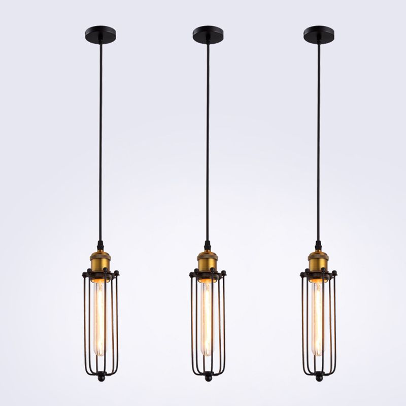 Vintage Industrial Cylindrical Wire Cage Pendant Light Black Metal Suspension Light  for Living Room