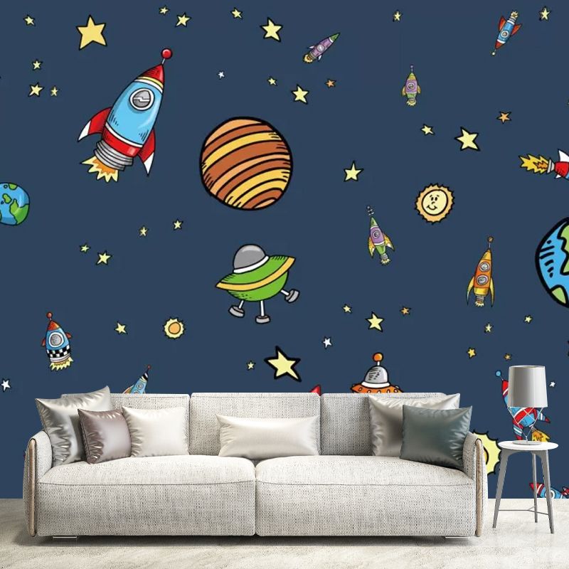 Enormous Illustration Nordic Mural Wallpaper for Kid's Bedroom with Cartoon Deep Space Design in Dark Blue