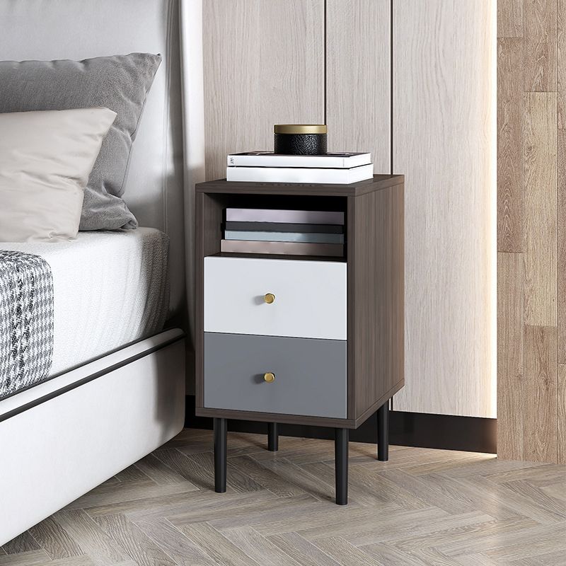 Contemporary Bed Nightstand Open Storage Night Table with 2 Drawers