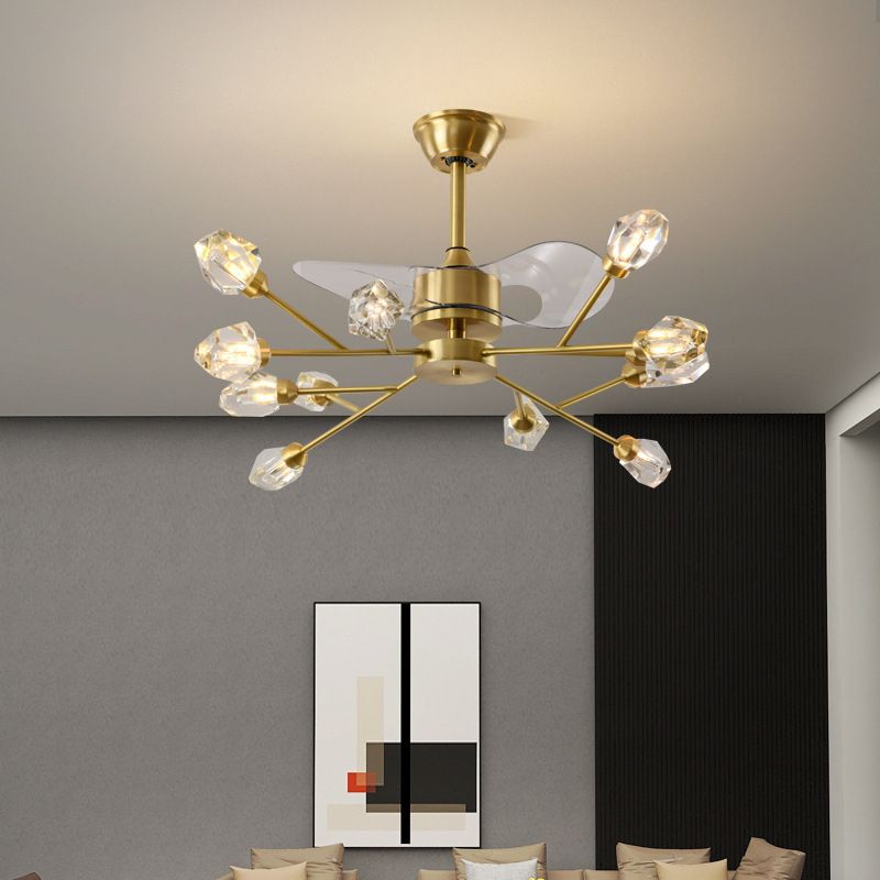 Solid Brass Ceiling Fan Chandelier Multi - Head Fan Light with Crystal Shade