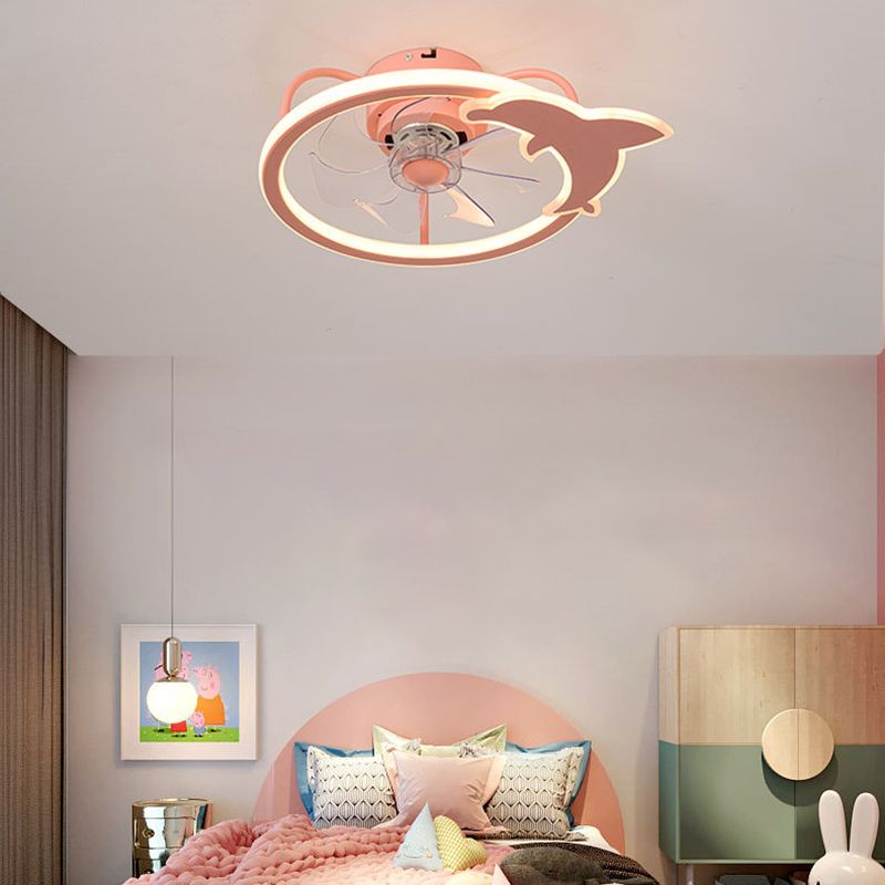 Cartoon LED Semi Flush Lamp Circular Ceiling Fan Light with Acrylic Shade for Child Room