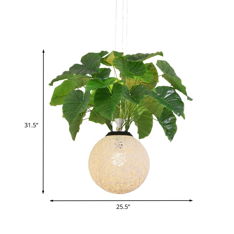 1 Head Metal Pendant Lamp Antique White Ball Restaurant Down Lighting with Plant Decoration