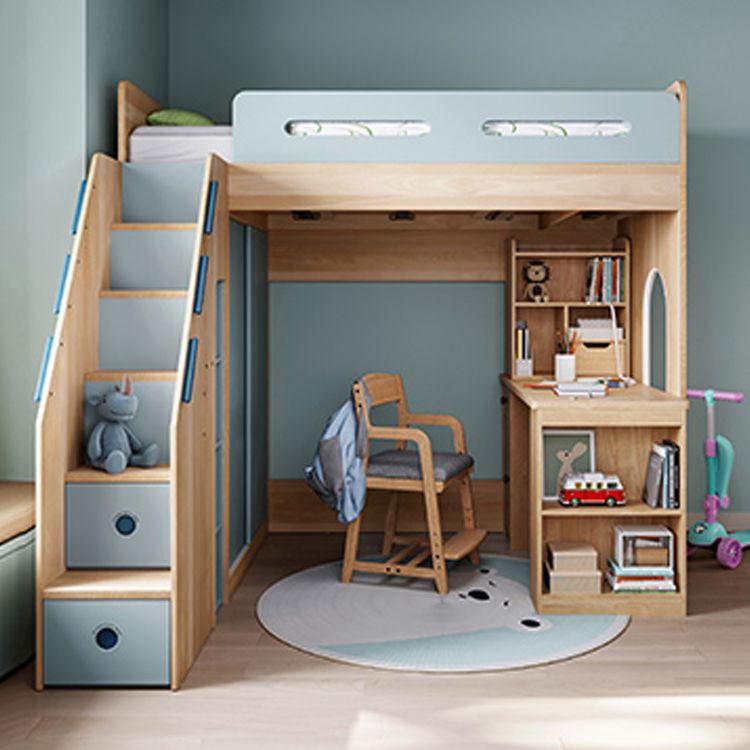 Scandinavian Wood Bunk Bed Blue Bed with with Guardrail and Stairway