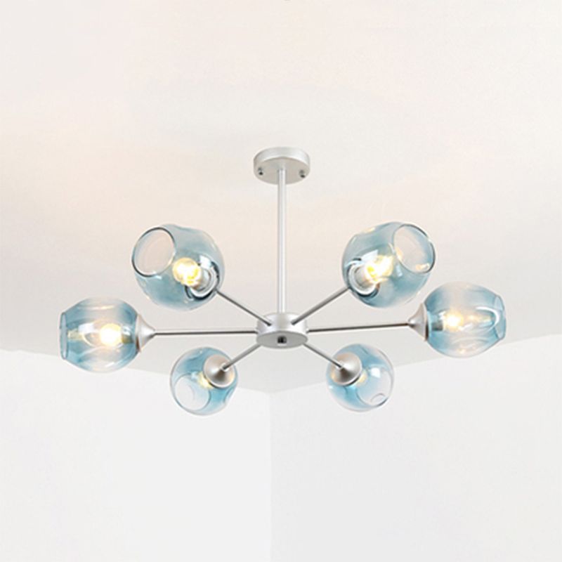 Modernist 3/6/8 Lights Hanging Chandelier Black/Chrome Sputnik Suspension Pendant with Blue/Amber Glass Shade