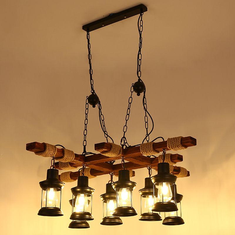 Lantern Iron Ceiling Lighting Nautical Restaurant Chandelier Light Fixture in Wood