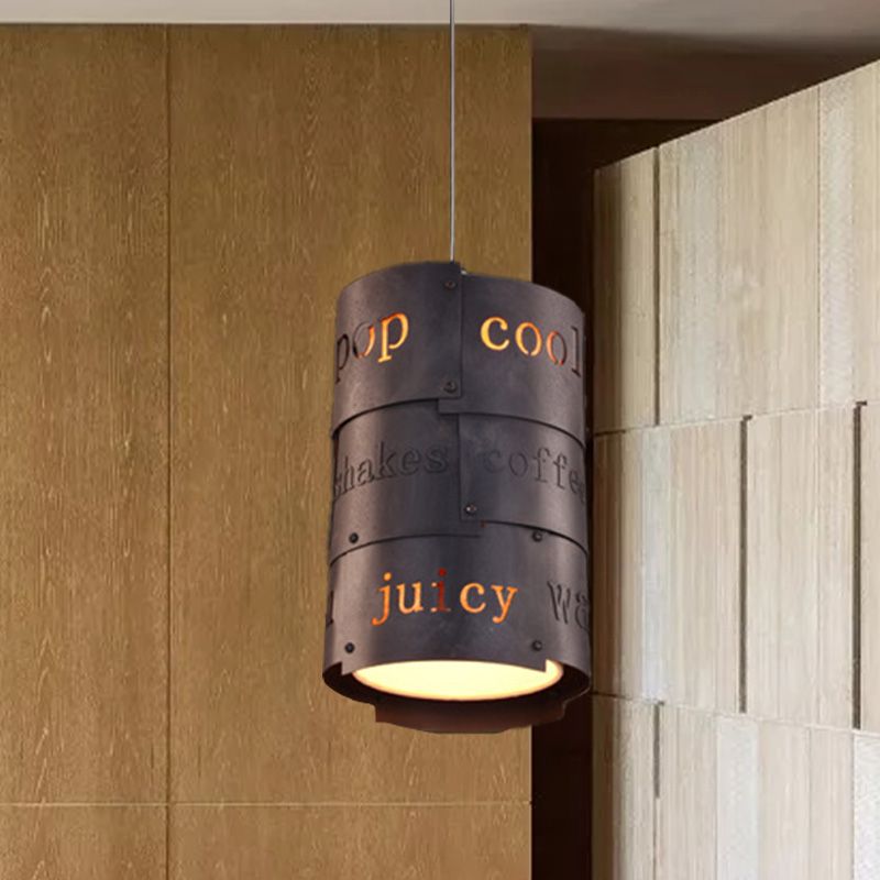 1 Light Metal Hanging Light Kit Industrial Black Cylinder Restaurant Lettering Suspended Pendant Lamp