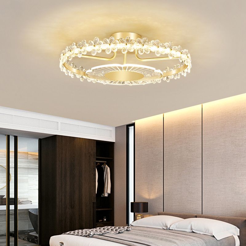 2-Light Golden Flush Mount Lighting Metal LED Ceiling Light with Crystal