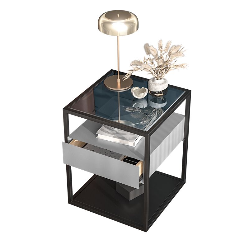 1 Drawer Contemporary Nightstand Glass Top Night Table with 1 Shelf ,21.3" Tall