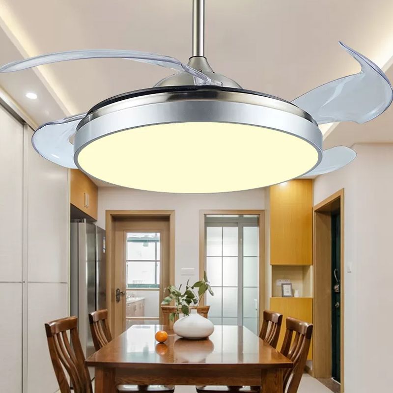 4 Blades Drum Acrylic Ceiling Fan Light Modern LED White Semi Flush Mount, 19" Wide