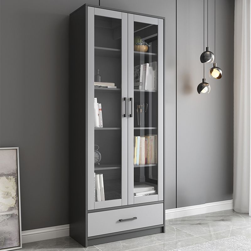 Faux Wood Modern Storage Cabinet Glass Doors Display Cabinet with Drawer for Living Room