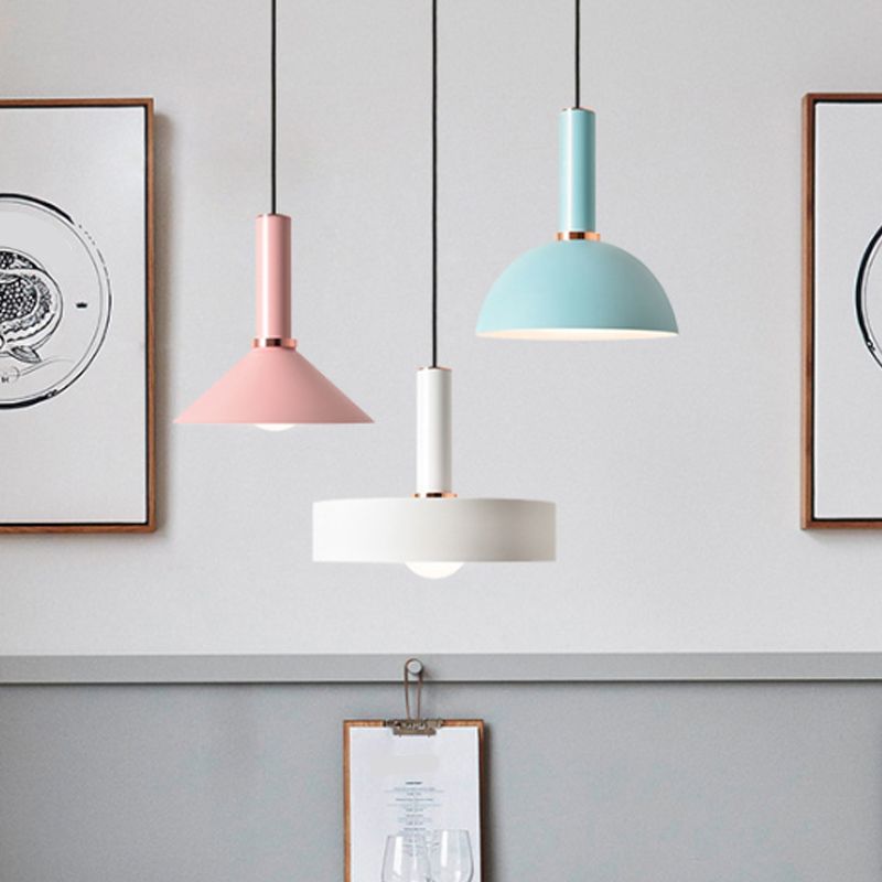 Aluminum Dome/Cone Drop Pendant Macaron 1-Light Pink/Blue Pendulum Light with Grip for Restaurant