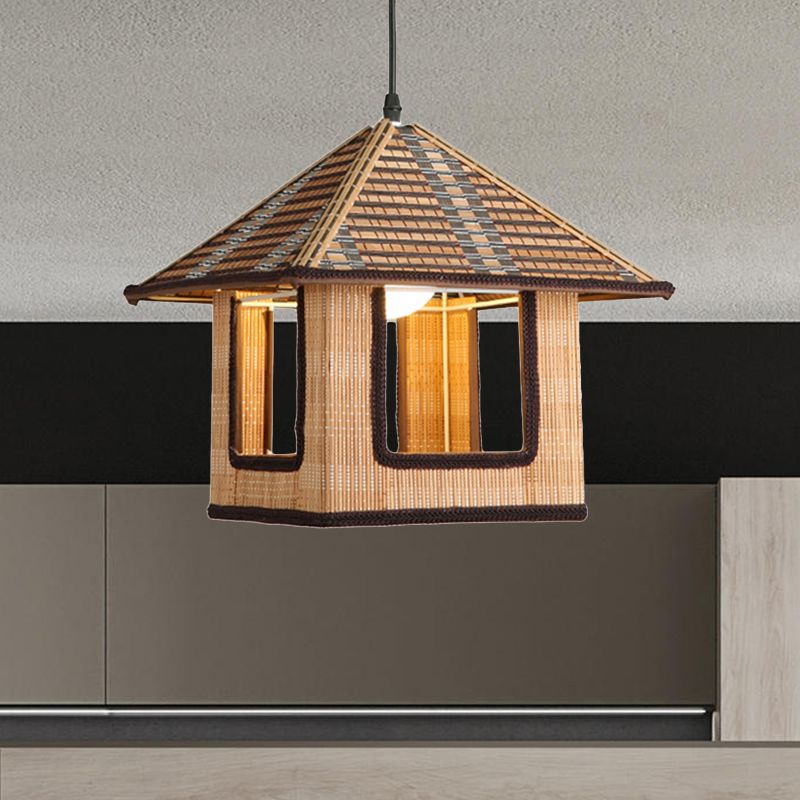 Knitted Bamboo House Shaped Pendant Lamp Farmhouse 1 Light Hanging Light for Cafe Restaurant