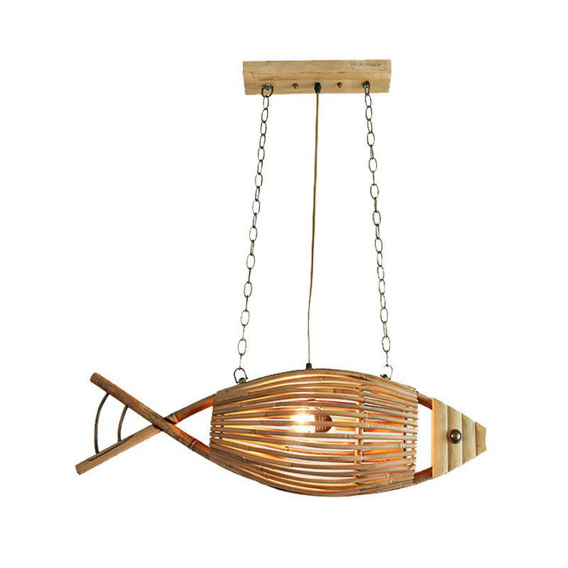 Bamboo Fish Suspension Light Asian Style Single Chandelier Light en bois pour le restaurant