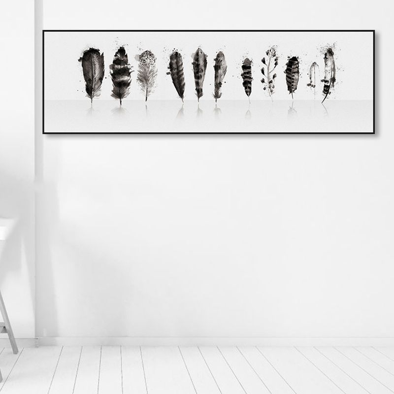 Contemporary Style Feather Pattern Wall Art Decor Black Living Room Wrapped Canvas