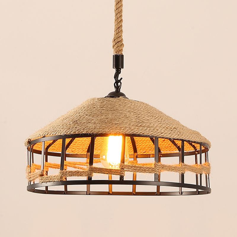 Rustic Rope Barn Hanging Ceiling Light 1 Light Metal Drop Lamp in Beige for Restaurant