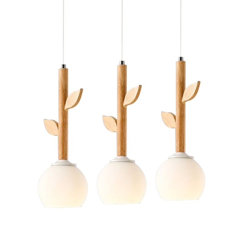 Stile rustico a sospensione bianca Lampada Fiore Fiore 3 Luci a soffitto in vetro Ciondolo con foglia di legno per cucina