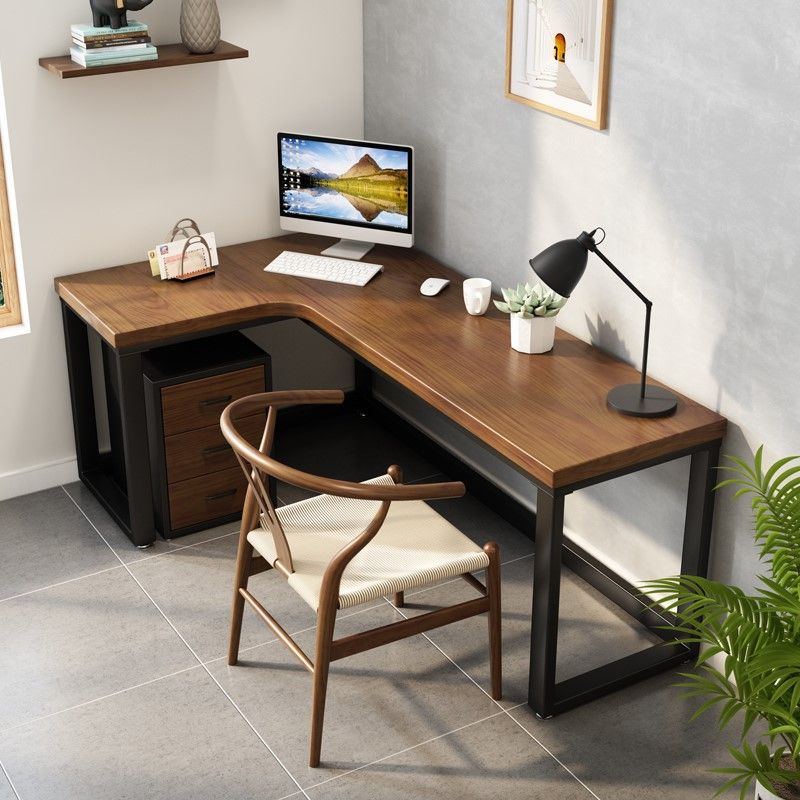 Industrial Solid Wood Writing Desk L-Shape Trestle Base Office Desk