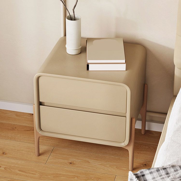 2 Drawers Nightstand Faux Leather Bedside Table with Wooden Legs