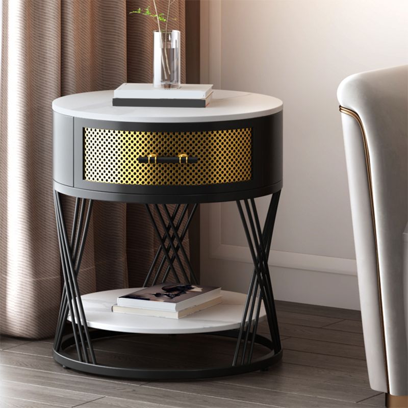 Glam Stone Top Night Table Open Storage 1-Drawer Metal Legs Included Nightstand