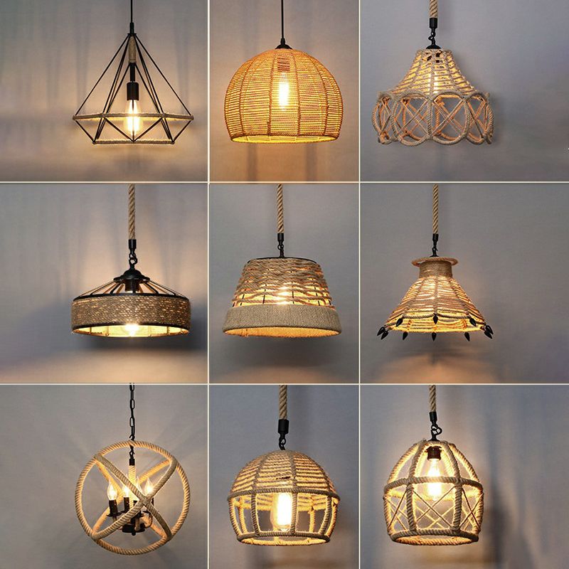 Gewikkeld hennep touwhangende lamp vintage single-bulb restaurantverlichting hanger in bruin