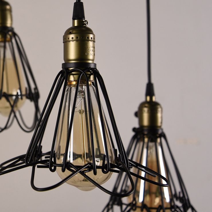 Wire Frame Metal Pendant Light Vintage Industrial 3 Bulbs Farmhouse Hanging Lamp with Petal Design in Black