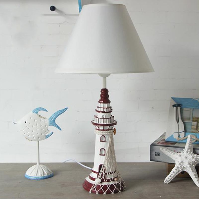 Red/Dark Blue Lighthouse Night Lamp Kids 1 Bulb Resin Table Light with Cone Fabric Shade and Remote Control/Dimmer Switch/Power Switch