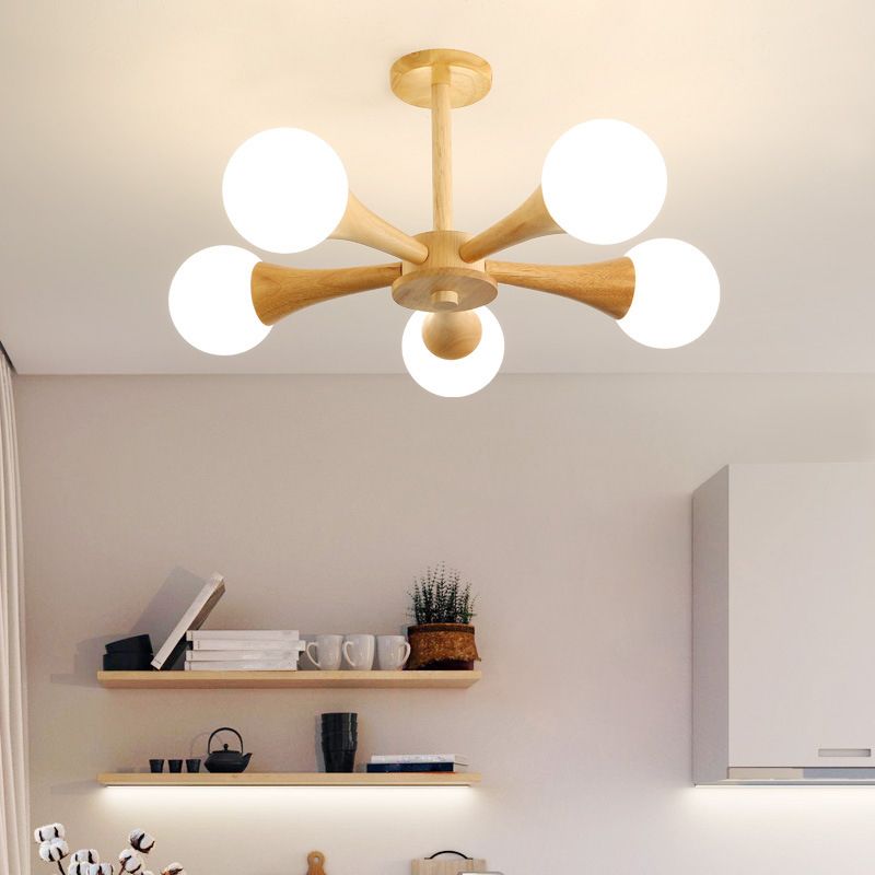 Sputnik Bedroom Ceiling Hung Fixture Wood Simple Style Chandelier Lighting Fixture in Beige