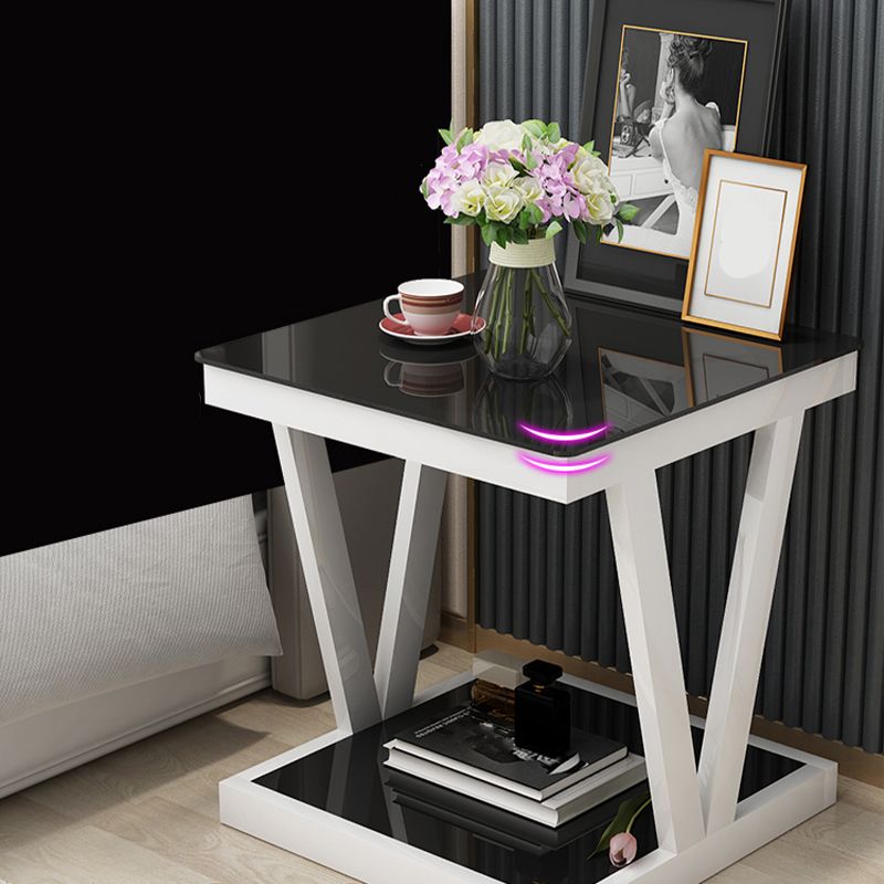 Modern Open Storage Bedside Cabinet Glass Top Night Table with Shelf