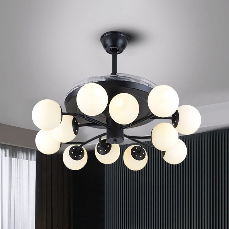 Black Globe Pendant Fan Lamp Contemporary 42" Wide 12 Lights Opal Glass Semi Flush Mount Light