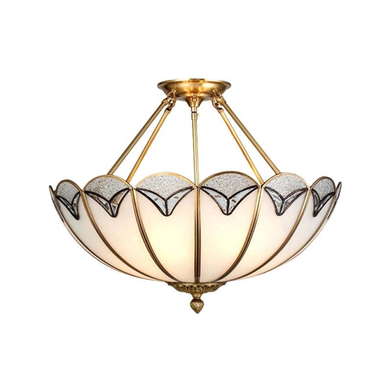 4 Heads Semi Flush Light Vintage Umbrella-Like Milky Glass Flush Mount Lighting in Brass