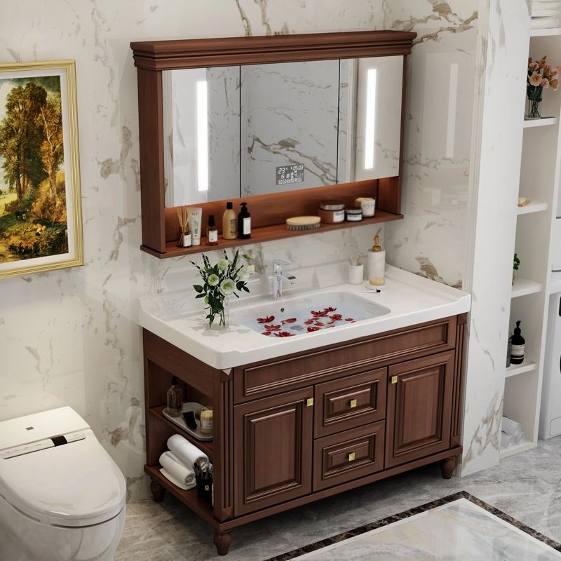 Bathroom Vanity Set Mirror Storage Shelf Ceramic Sink 2 Doors Sink Vanity with Faucet