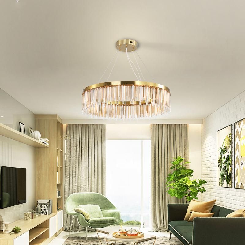 Gold Finish Metal Chandelier Light Fixture Modern Round LED Hanging Lamp with Crystal Prism