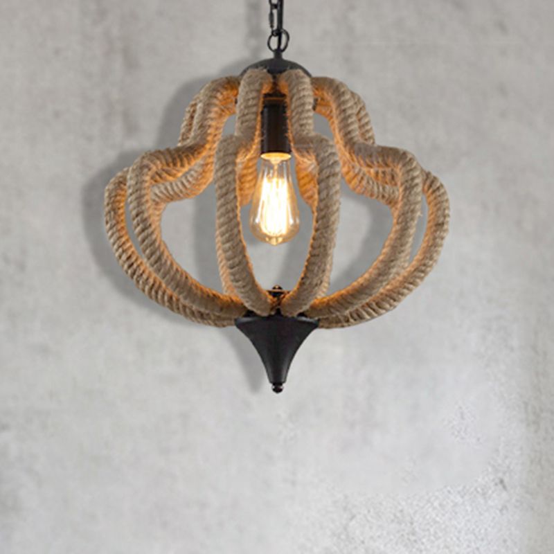 1 Light Hanging Ceiling Light with Geometric Shade Rope Industrial Dining Room Pendant Lighting in Beige