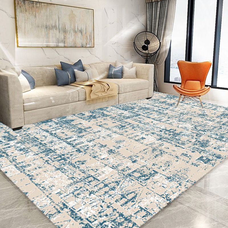 Shabby Chic Tribal Pattern Rug Blue Polyester Rug Washable Pet Friendly Anti-Slip Carpet for Living Room