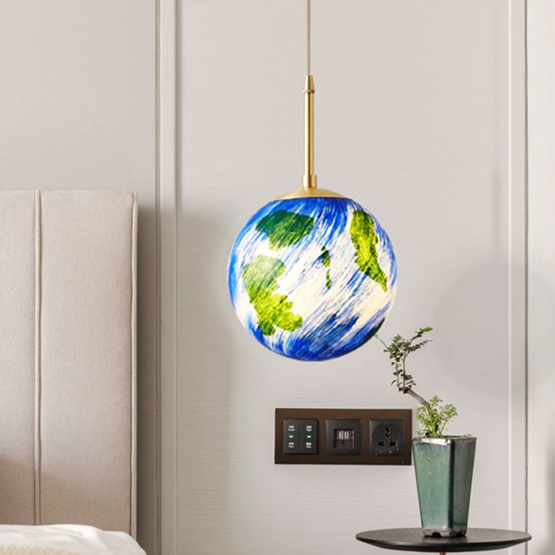 6"/10" Wide 1 Light Bedside Suspension Light Cartoon Brass Pendulum Lamp with Globe Blue Glass Shade