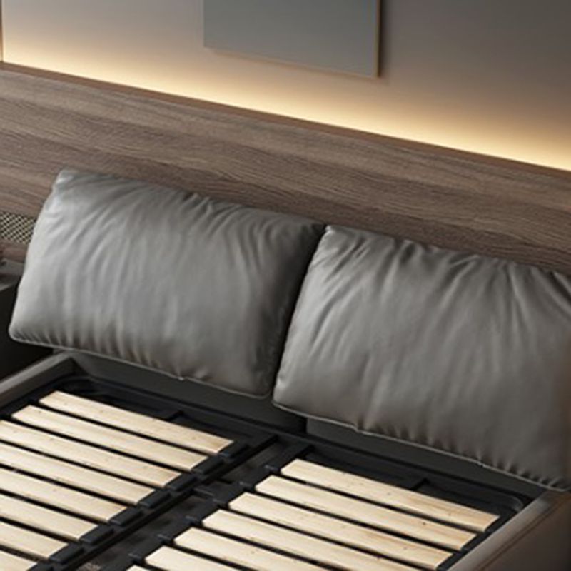 Glam Grey Bed Frame Pine Wood Upholstered Headboard Standard Bed Solid Color