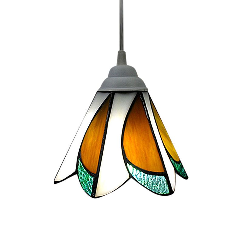 Tiffany-Style Floral Pendulum Light 1 Head Handcrafted Art Glass Suspension Lamp in Blue/Green for Foyer