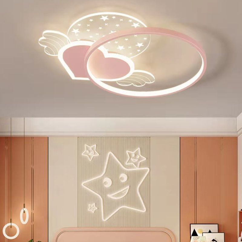 Metal Round Shape Flush Mount Light Kid Style 5-Lights Flush Mount Ceiling Light in Pink