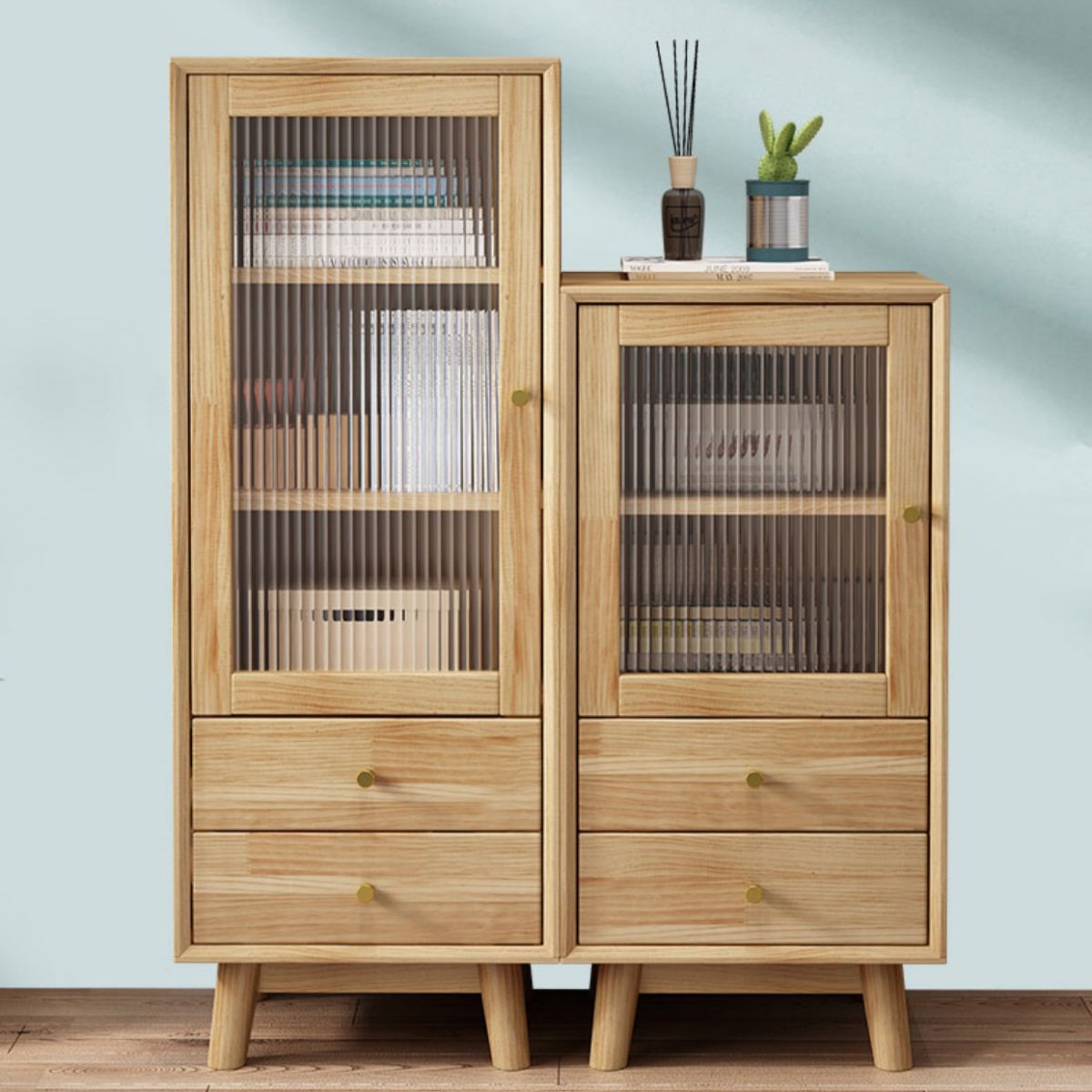 Mid-Century Modern Rubberwood Accent Cabinet with Glass Door