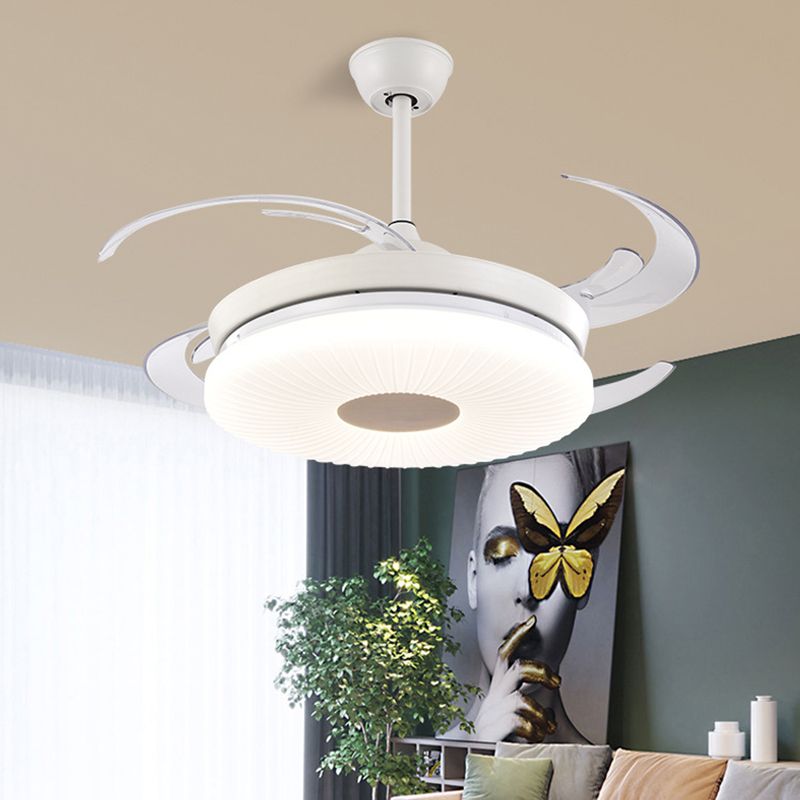 Minimalist Round Fan Lighting LED 42" Width Metal Semi Flush Ceiling Light in White for Restaurant, 8 Clear Blades