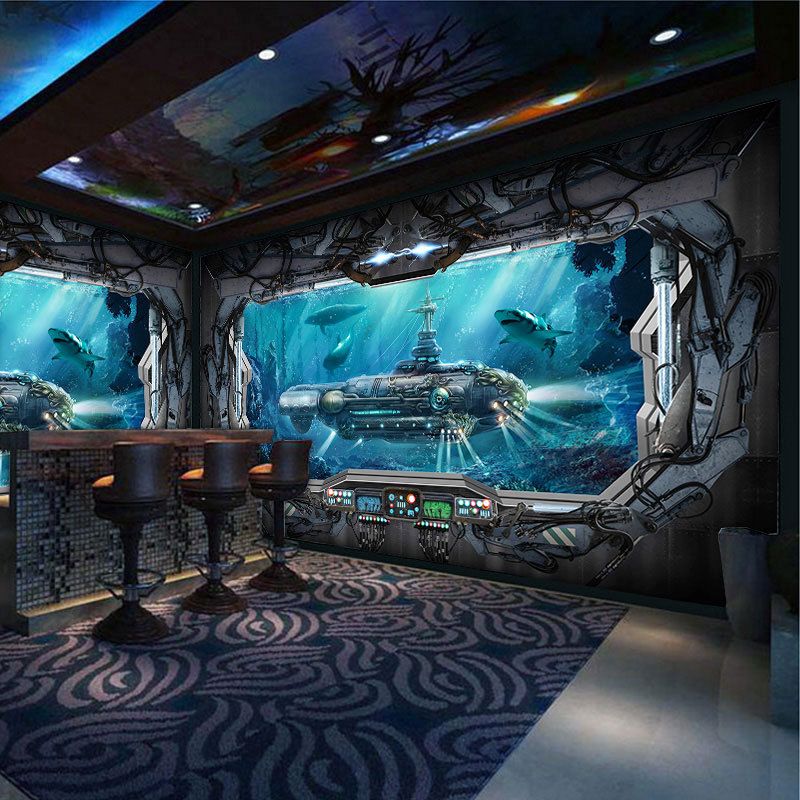 Undersea Mural Wallpaper in Dark Blue, Modern Wall Covering for Theme Restaurant