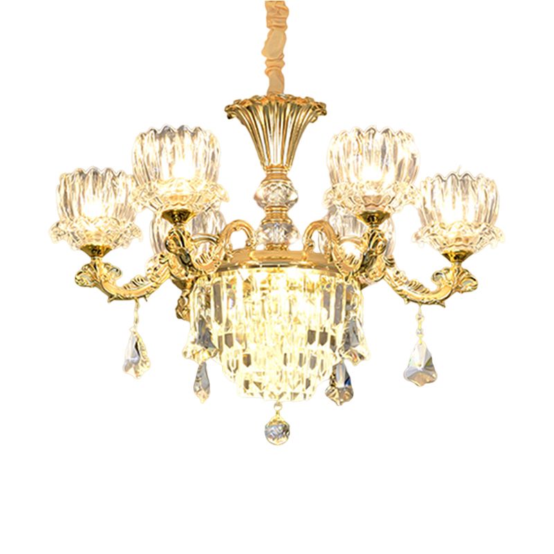 Gold Finish 6-Light Hanging Light Contemporary Clear Crystal Glass Flower LED Chandelier Pendant Lamp