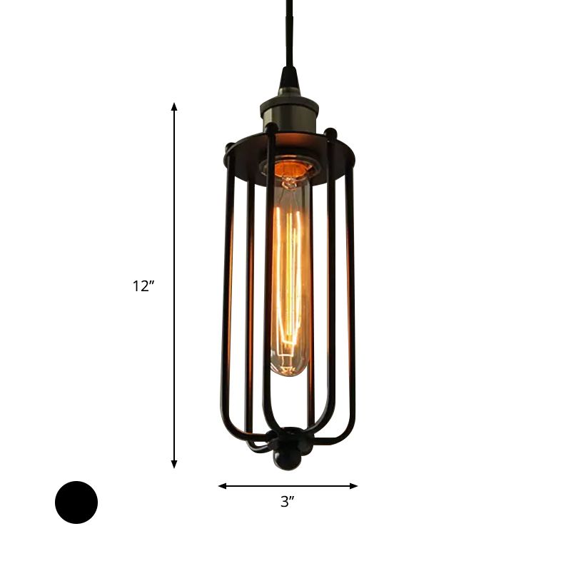 Metallic Matte Black Pendant Lamp Cylinder Cage Shade 1 Light Vintage Style Hanging Fixture