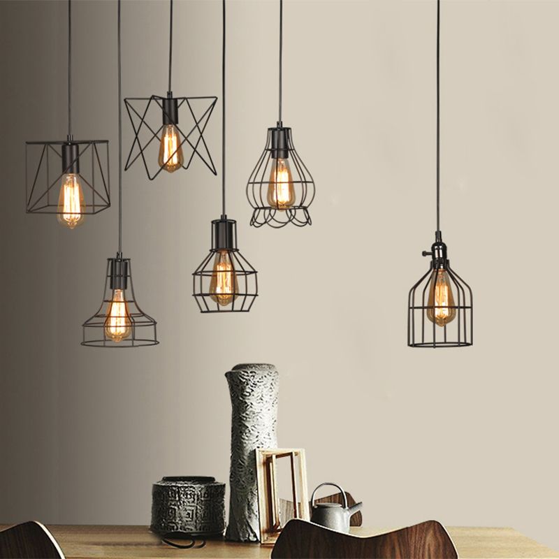 Black Wire Cage Pendant Light Wrought Iron Industrial Style Hanging Light Fixtures