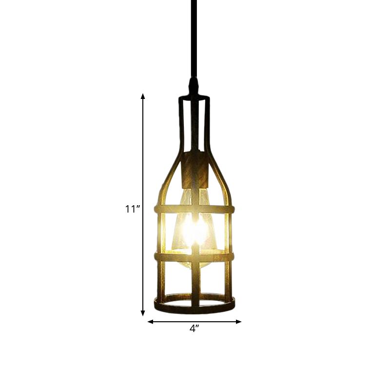 Wire Caged Metal Hanging Light Industrial 1 Bulb Kitchen Hanging Pendant Light with Wine Bottle Design in Black/Antique Brass