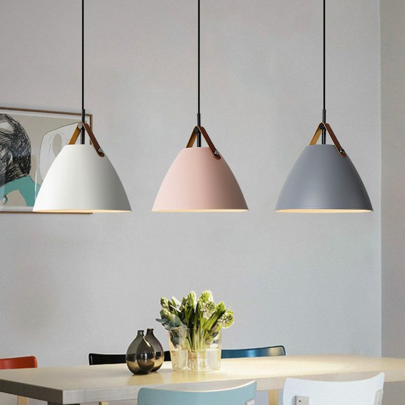 Macaron Conical Pendant Lamp Metallic 1 Head Dining Room Ceiling Light with Acrylic Diffuser and Leather Strap