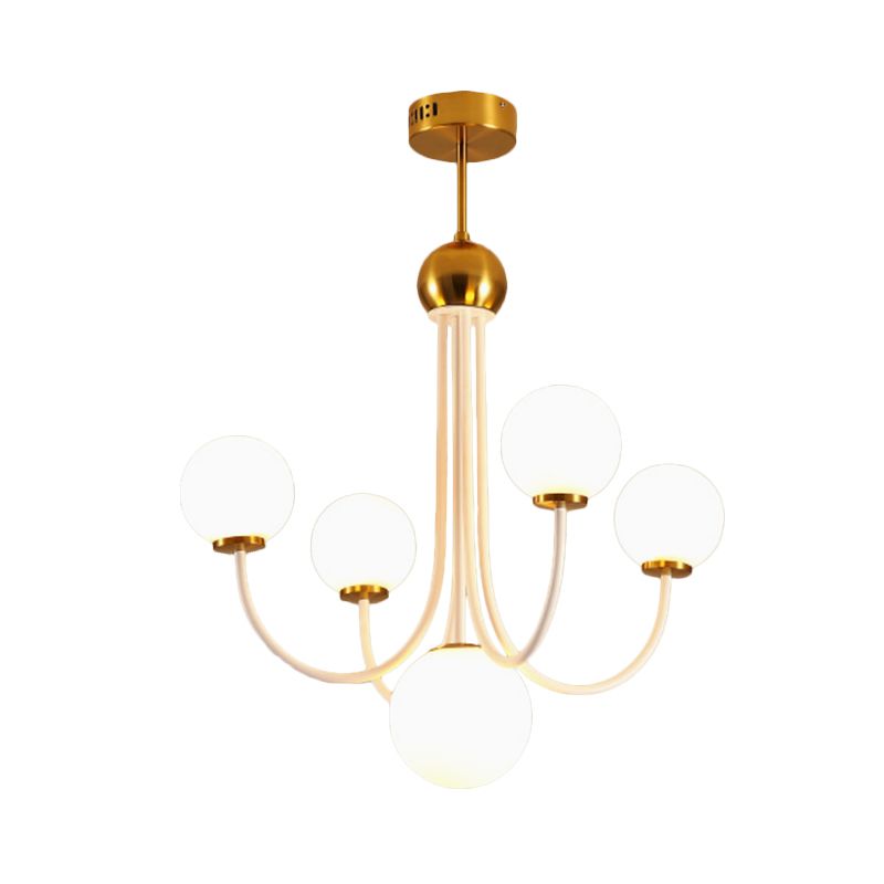 White Glass Spherical Ceiling Chandelier Contemporary 5/7 Bulbs Hanging Light Fixture in Gold