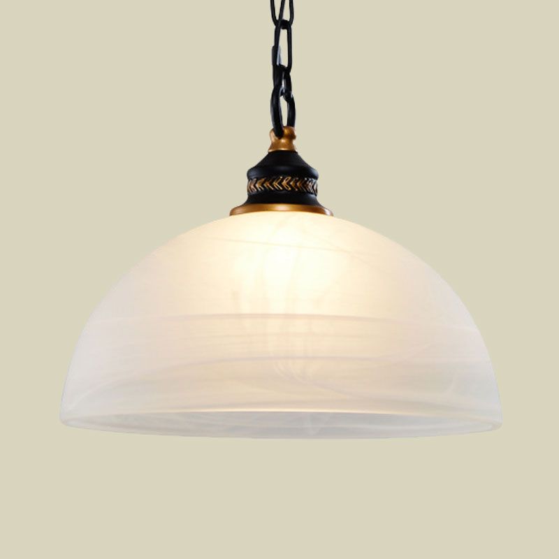 Single-Bulb Dome Ceiling Pendant Light Vintage White Frosted Glass Hanging Lamp for Living Room with Chain